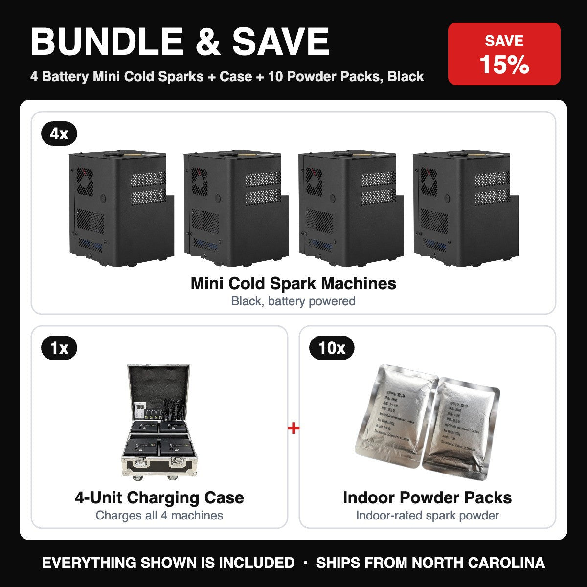 Bundle & Save - 4 Battery Mini Cold Sparks + Case + 10 Powder Packs, Black