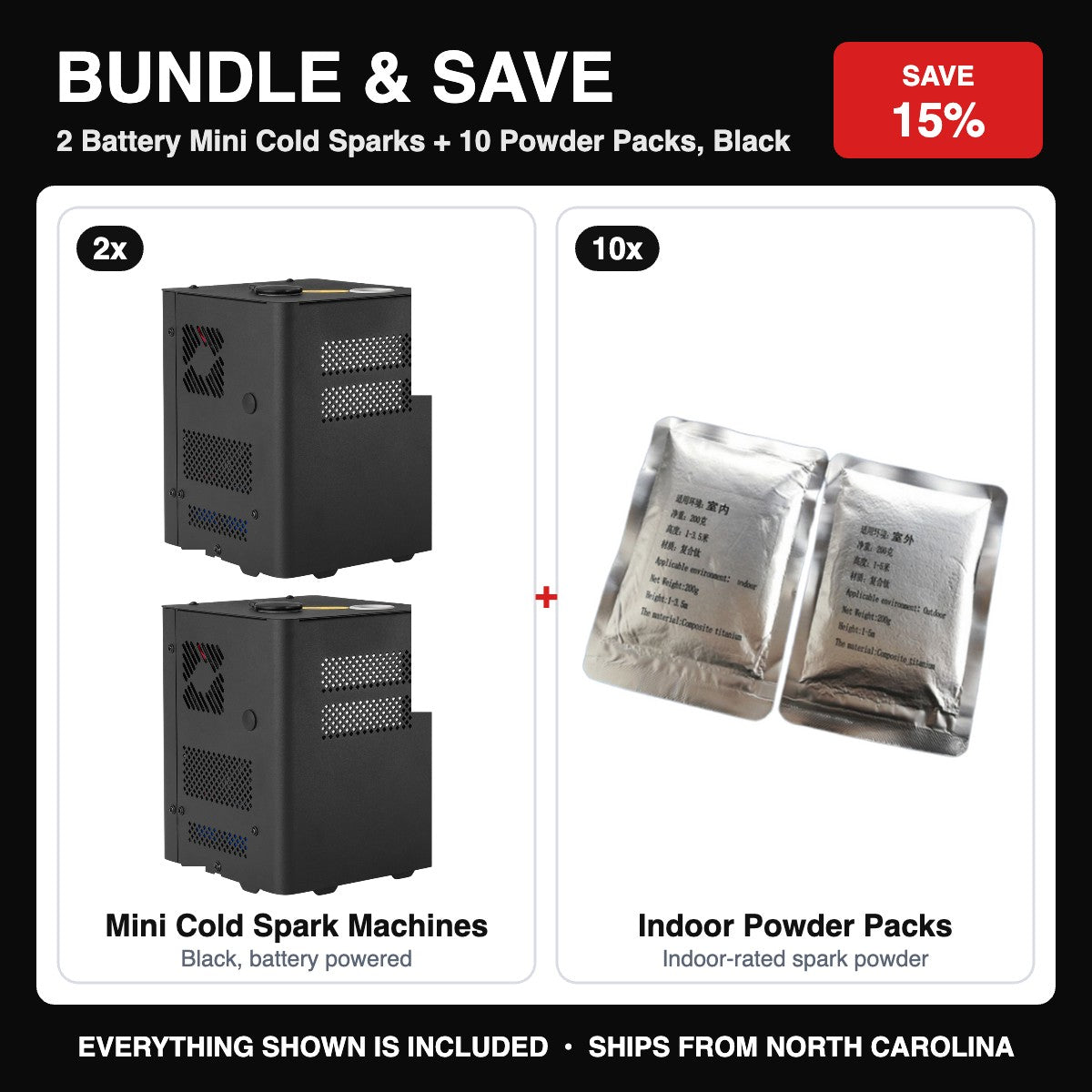 Mini Cold Spark Bundle: 2 battery Mini Cold Sparks plus 10 powder packs, black