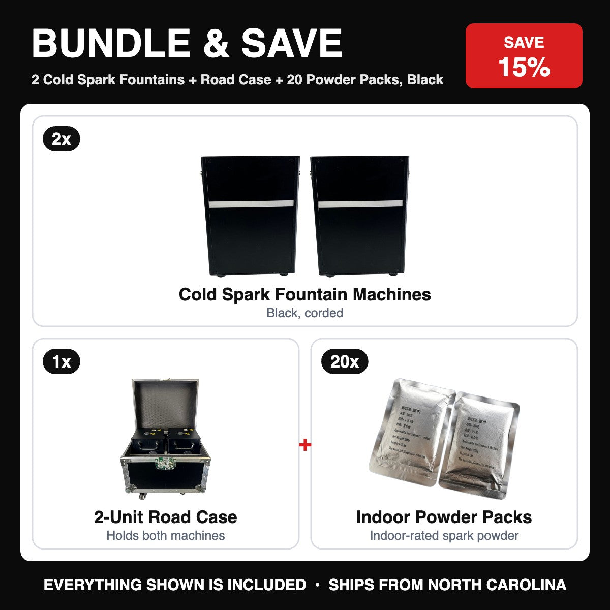 Bundle & Save - 2 Cold Spark Fountains + Road Case + 20 Powder Packs, Black