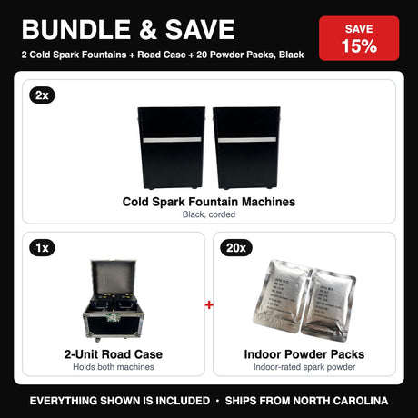 Bundle & Save - 2 Cold Spark Fountains + Road Case + 20 Powder Packs, Black