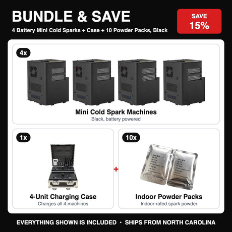 Bundle & Save - 4 Battery Mini Cold Sparks + Case + 10 Powder Packs, Black