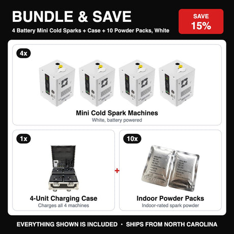 Bundle & Save - 4 Battery Mini Cold Sparks + Case + 10 Powder Packs, White
