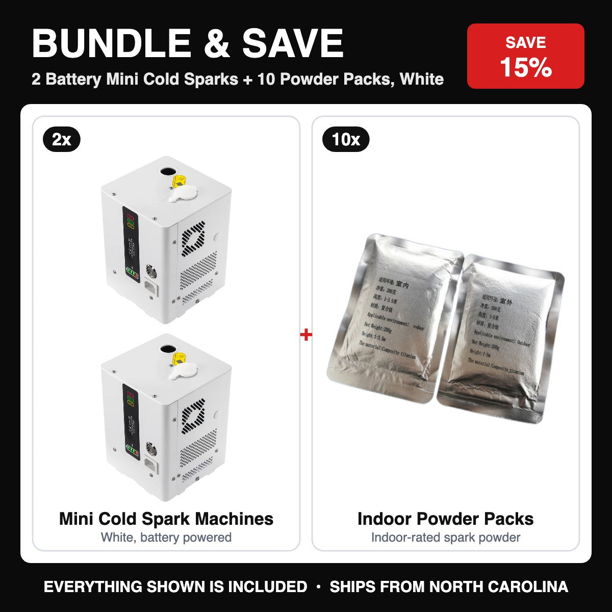 Mini Cold Spark Bundle: 2 battery Mini Cold Sparks plus 10 powder packs, white