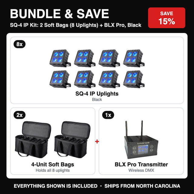 Bundle & Save - SQ-4 IP Kit: 2 Soft Bags (8 Uplights) + BLX Pro, Black