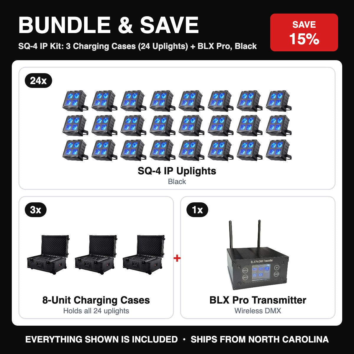 Bundle & Save - SQ-4 IP Kit: 3 Charging Cases (24 Uplights) + BLX Pro, Black
