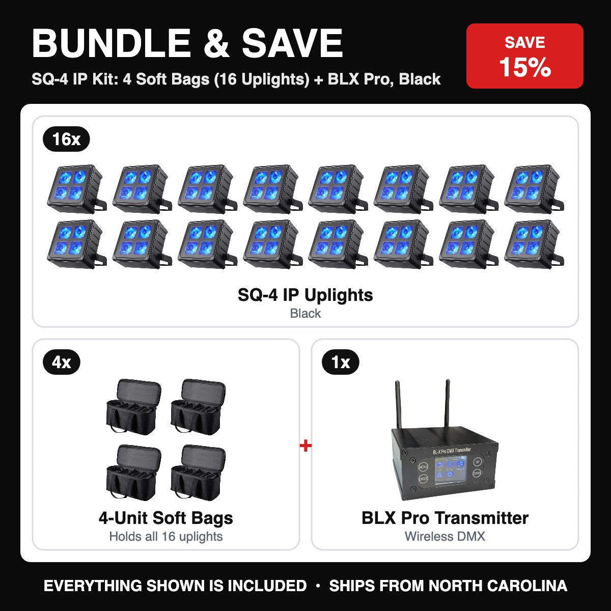 Bundle & Save - SQ-4 IP Kit: 4 Soft Bags (16 Uplights) + BLX Pro, Black