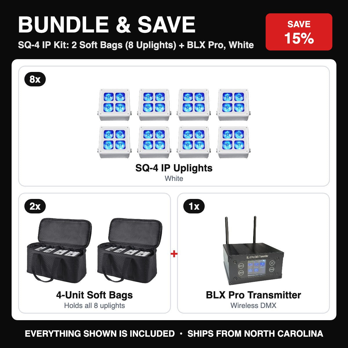 Bundle & Save - SQ-4 IP Kit: 2 Soft Bags (8 Uplights) + BLX Pro, White