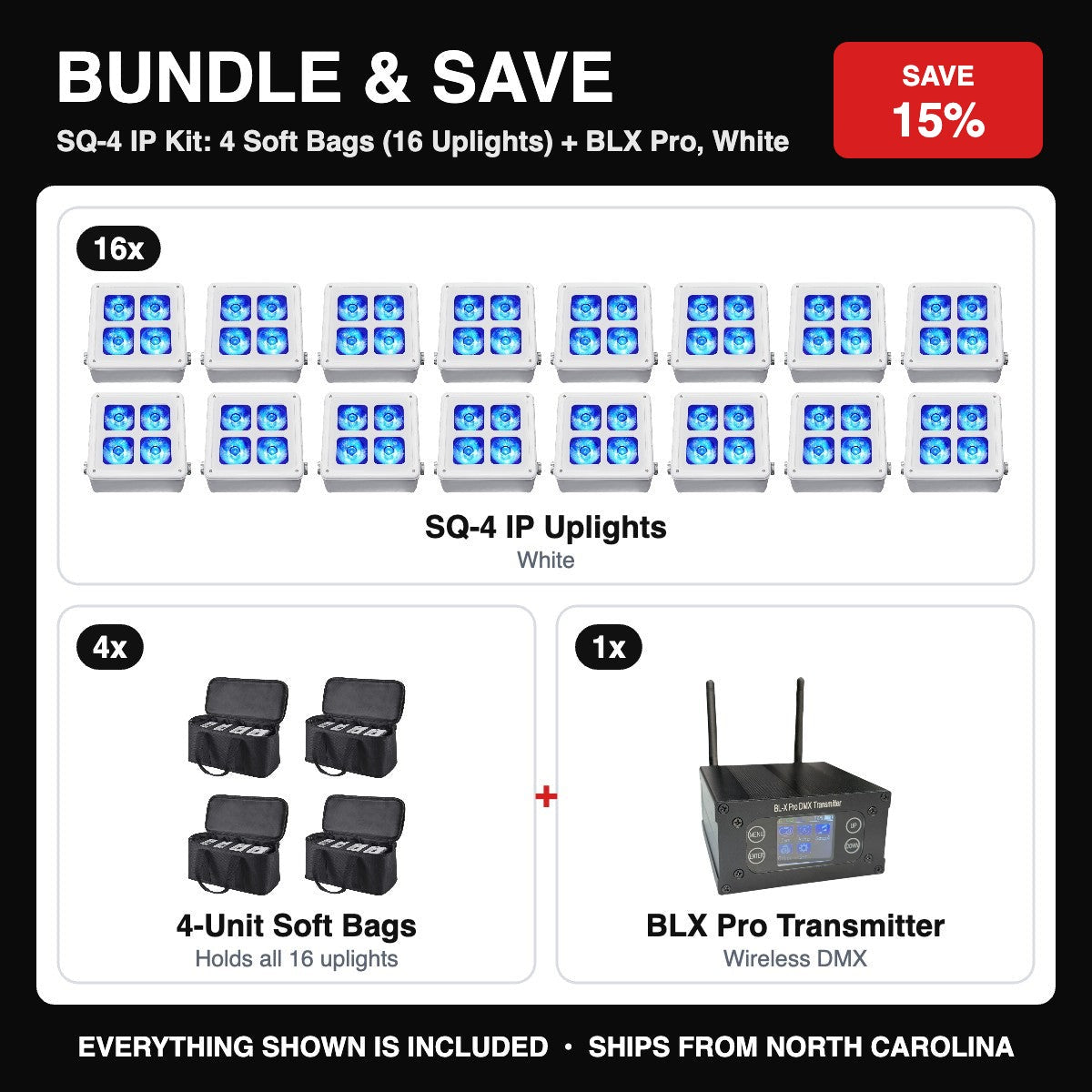 Bundle & Save - SQ-4 IP Kit: 4 Soft Bags (16 Uplights) + BLX Pro, White